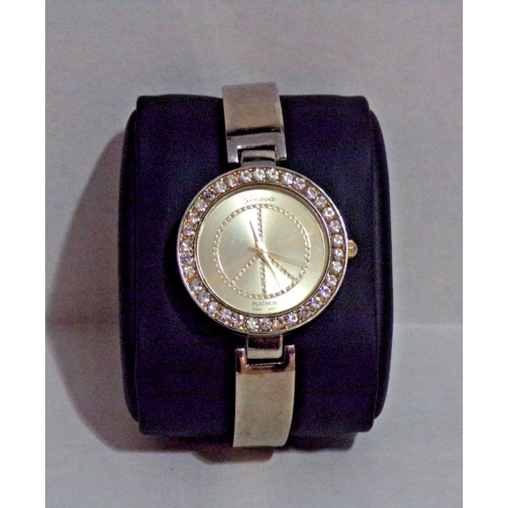 Geneva Platinum Bracelet Women's Watch w/Faux Diamonds Silver & Gold Peace Sign